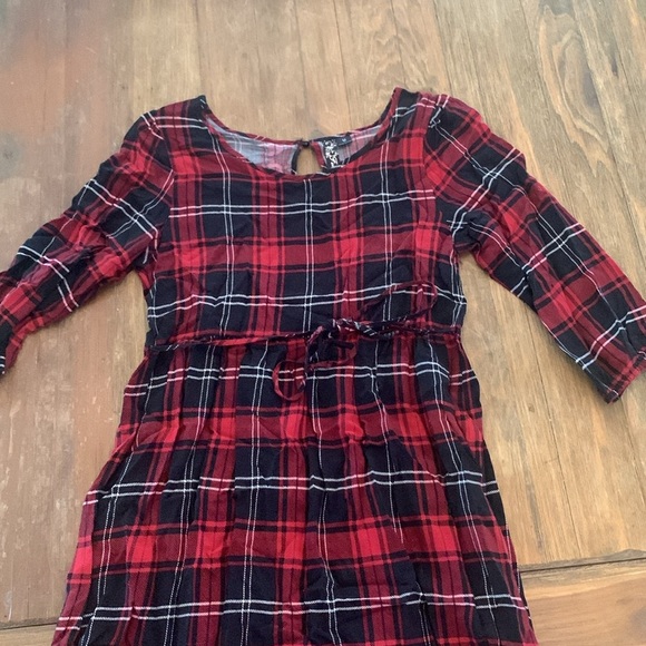 Red & Black Plaid A-Line Grunge Dress Keyhole Back 3/4 Sleeve Baby Doll - Picture 2 of 7